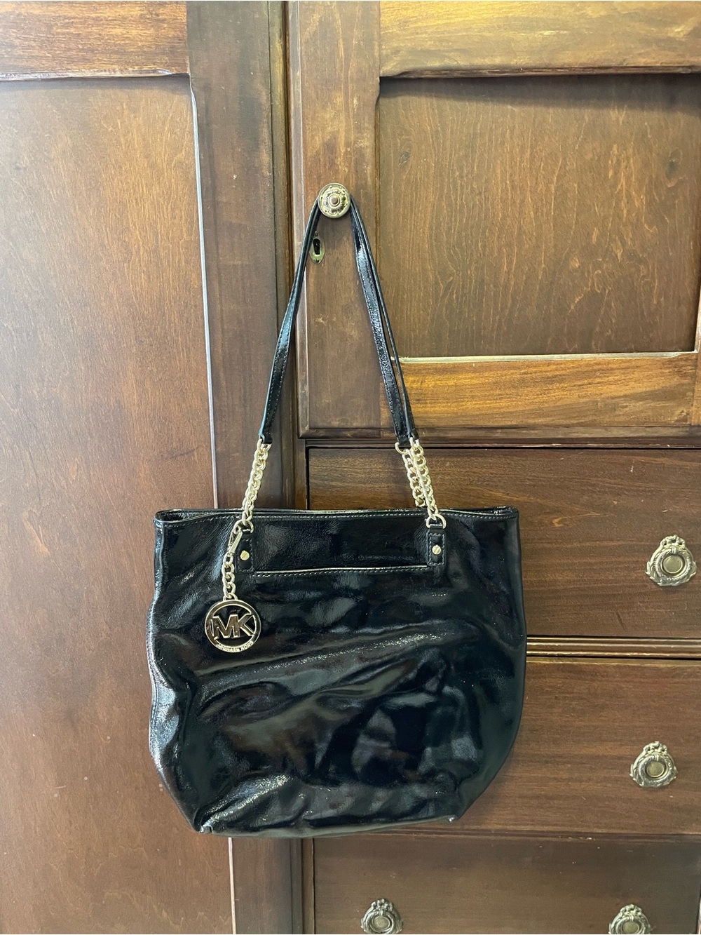 Michael Kors Black Patent Tote with Gold Chain Strap and MK Charm